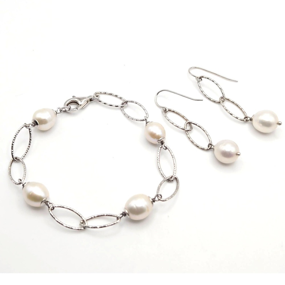 Imperial Genuine Cultured Pearls on Sterling Silver 925 Bracelet and Earring Set